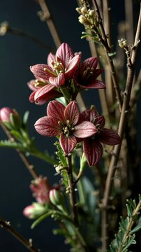 Vibrant red boronia flowers displaying intricate details against a dark backdrop, with delicate branches and soft lighting enhancing natural beauty