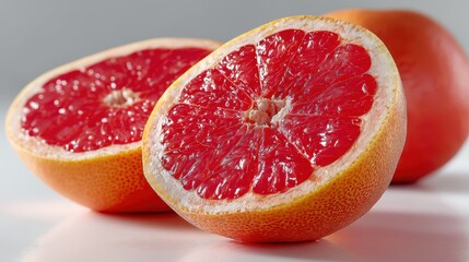 a close-up of a fresh, juicy grapefruit sliced in half on a white isolated background, tangy and refreshing design