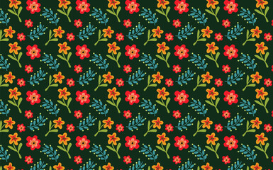 Colorful floral folk pattern with red and yellow blooms on green. Great for textiles, folk art, and vibrant backgrounds.