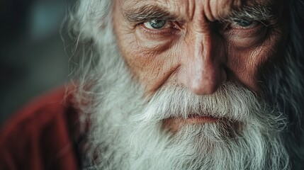 Close up portrait of an old man with a white beard and intense gaze looking directly at the camera lens