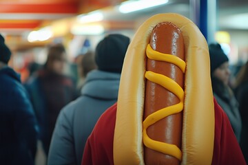 A person dressed in a giant hot dog costume.