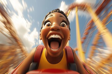 A boy enjoying the thrilling ride on a roller coaster.