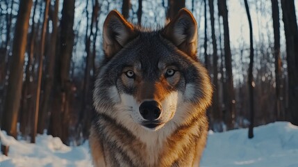 Naklejka premium A close up of a wolf in a snowy forest looking directly at the camera with sunlight shining on it