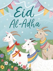 Goat and Sheep with Blue Sky and Mosque Eid al-Adha Greeting