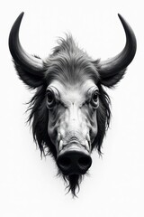 Black & white boar skull, sharp horns, angry expression , nature, dark fantasy, mystical