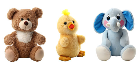 set of stuffed animal toys isolated on white background PNG