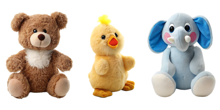 set of stuffed animal toys isolated on white background PNG