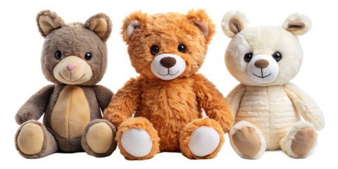 cutout set of 3 stuffed animal toys isolated on white background PNG