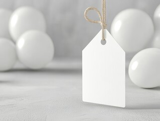 Simple white empty sale tag, ballons in background.