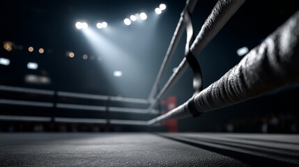Empty boxing ring under stadium lights in anticipation of fight night