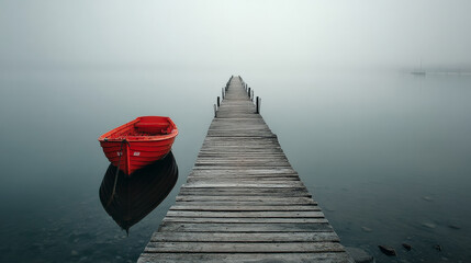 Obraz premium A serene, high-resolution fine-art scene capturing a narrow wooden pier stretching into an infinite foggy lake, disappearing into white mist. Generative AI