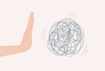 Human hand stopping a tangled ball with gesture. Flat vector illustration