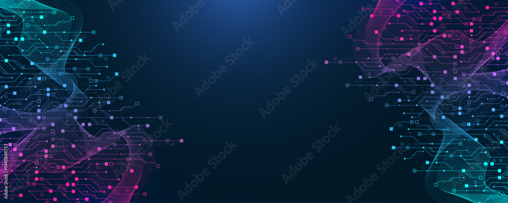 Fototapete Artificial Intelligence or machine learning vector design. Quantum computer technology concept with circuit board and motherboard texture background design. Waves flow quantum explosion