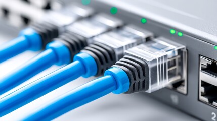 High Speed Network Connectivity - Close-up of blue ethernet cables plugged into a network switch, showcasing fast and reliable internet connection