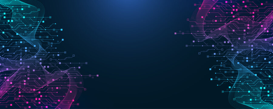 Artificial Intelligence or machine learning vector design. Quantum computer technology concept with circuit board and motherboard texture background design. Waves flow quantum explosion