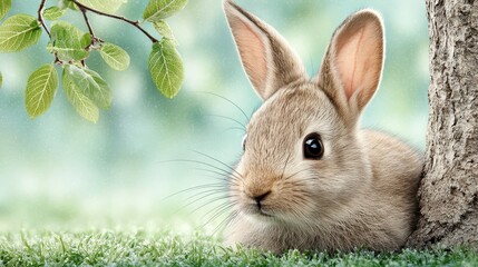 Fototapeta premium Cute bunny sitting in green grass near tree with green leaves