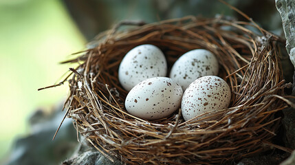 Obraz premium Close-Up of a Bird Nest with Eggs on Soft Green Forest Background