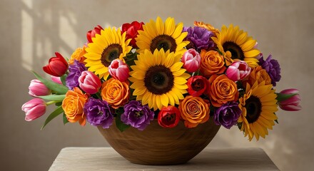 Obraz premium Colorful Flower Arrangement with Sunflowers Tulips and Roses