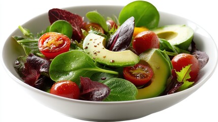 a fresh bowl of mixed greens with cherry tomatoes and avocado on a white isolated background, healthy and colorful design