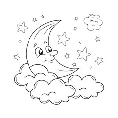 Twinkling Stars A Crescent Moon With A Face Coloring Page