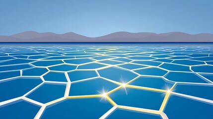 Hexagonal pattern on calm water, mountains in background