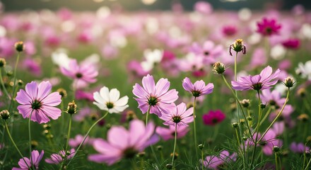 Fototapeta premium Field of Flowers Blooming with Pink and White Petals in Sunlight