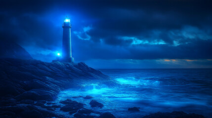 Fototapeta premium Lighthouse at Night on Rocky Coast