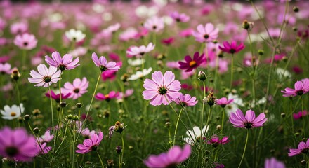 Cosmos Flower Field in Bloom with Pink and White Petals