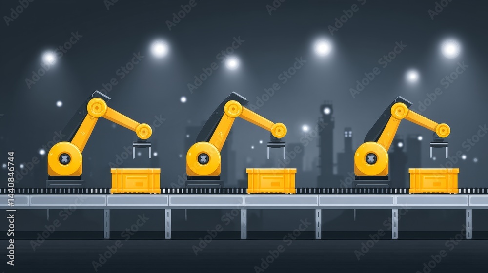 Poster industrial robots and automated production line - three robotic arms efficiently move boxes along a 
