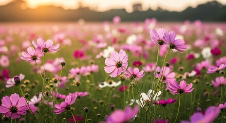 Blooming Flower Field at Sunset with Pink and White Petals