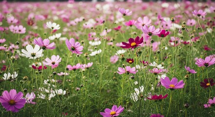 Field of Cosmos Flowers Blooming in Springtime