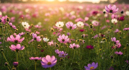 Obraz premium Cosmos Flower Field at Sunset with Soft Light and Pink Petals