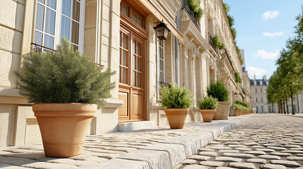 Fototapeta premium Elegant street view with potted plants against classical architecture 