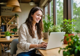 Mujer feliz trabajando en su portátil en una cafetería con plantas