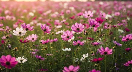 Fototapeta premium Cosmos Flowers Blooming in a Field with a Soft Light