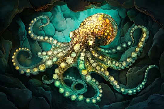 artistic octopus archetype navigating an underwater cave, symbol of intelligence and adaptability