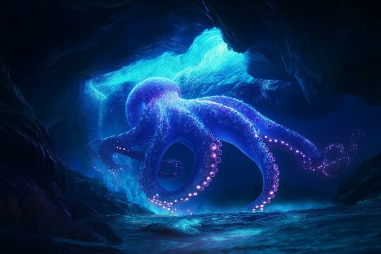 octopus archetype navigating an underwater cave, symbol of intelligence and adaptability