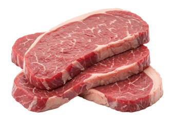 Stack of three raw beef steaks isolated on transparent background