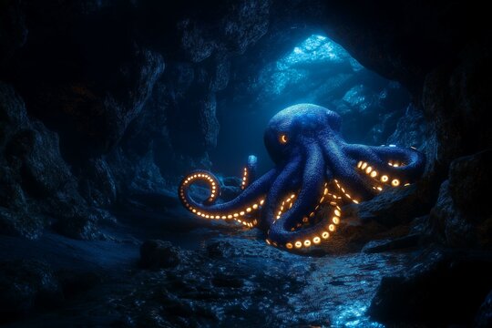 octopus archetype navigating an underwater cave, symbol of intelligence and adaptability