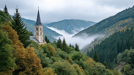 Fototapeta premium Mountain Church Surrounded by Misty Hills and Green Trees 