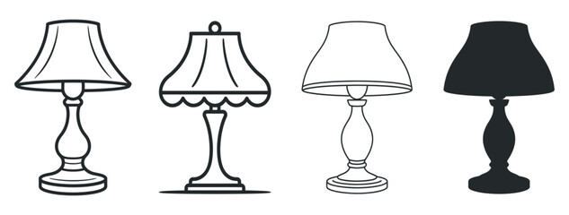 Four Table Lamp Illustrations In Black And White Outline And Silhouette Styles For Interior Design Elements