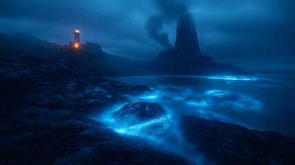 Lighthouse and bioluminescent ocean at night