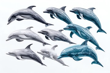 Naklejka premium A set of jumping dolphins in dynamic poses, isolated on a diffrent collers or white background, showcasing the elegance of these marine mammals.