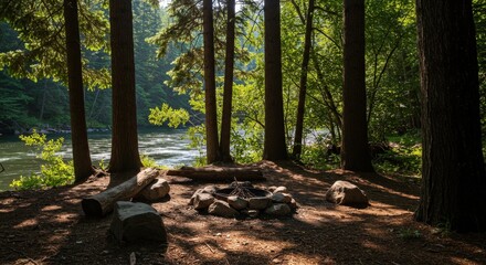 Riverside forest campsite with sunlight