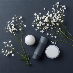 Deodorant with cream, flowers, and dark background.