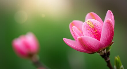 Fototapeta premium Pink Blossom Blooming with Green Background in Soft Light