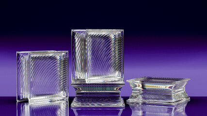 Group of transparent glass blocks on purple background. Capturing abstract patterns and light distortion. Building assortment for home, bathroom and office.