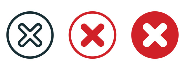 Set Of Three Circle Icons Featuring Cross Symbols Representing Error And Rejection In Dark Blue And Red