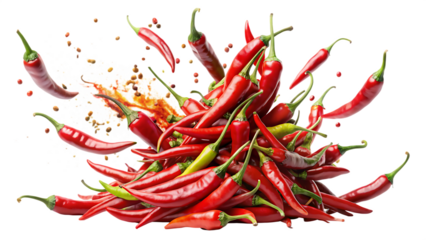 falling bursting chili peppers isolated on white background PNG