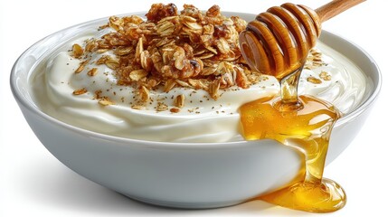 a bowl of creamy yogurt with a drizzle of honey and sprinkled granola on a white isolated background, healthy and sweet design
